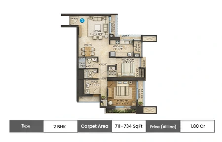 Shapoorji Northern Lights 2 BHK floor plan, 711 sq ft carpet area